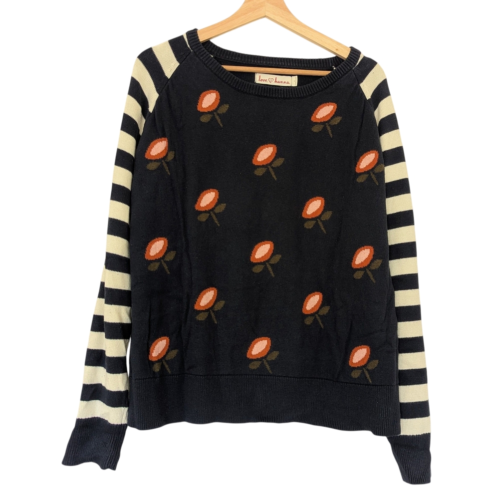 Love Hanna Women's Floral Design Dark Blue With Striped Sleeves Sweater, L